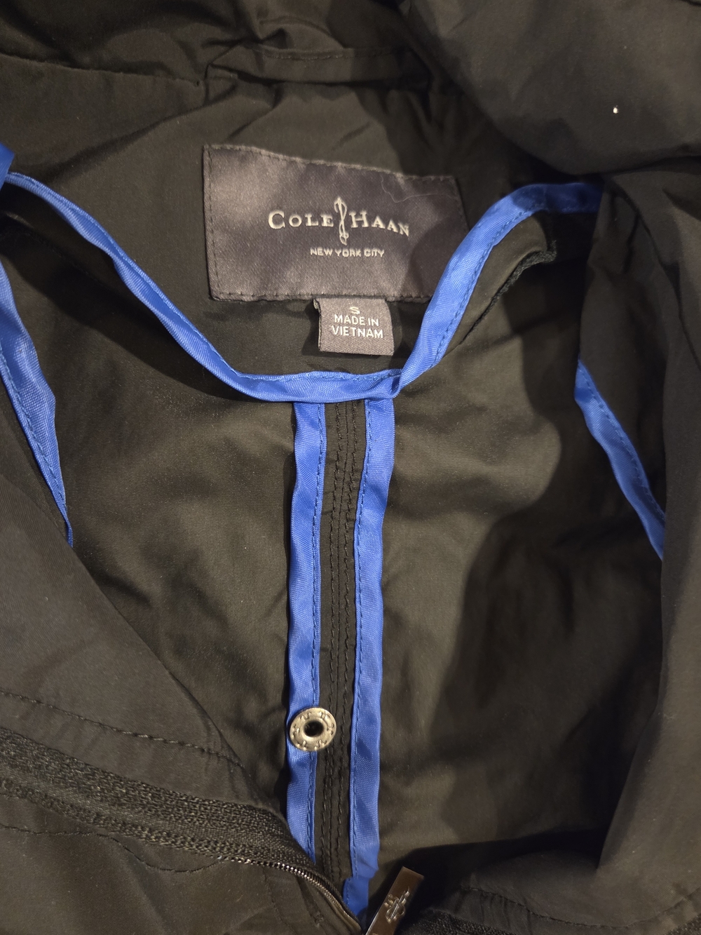 Cole Haan Black Raincoat with Blue Trim
